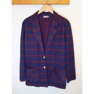 CRICKET LANE Navy Burgundy Plaid Blazer Size L/XL Womens Vintage USA Preppy